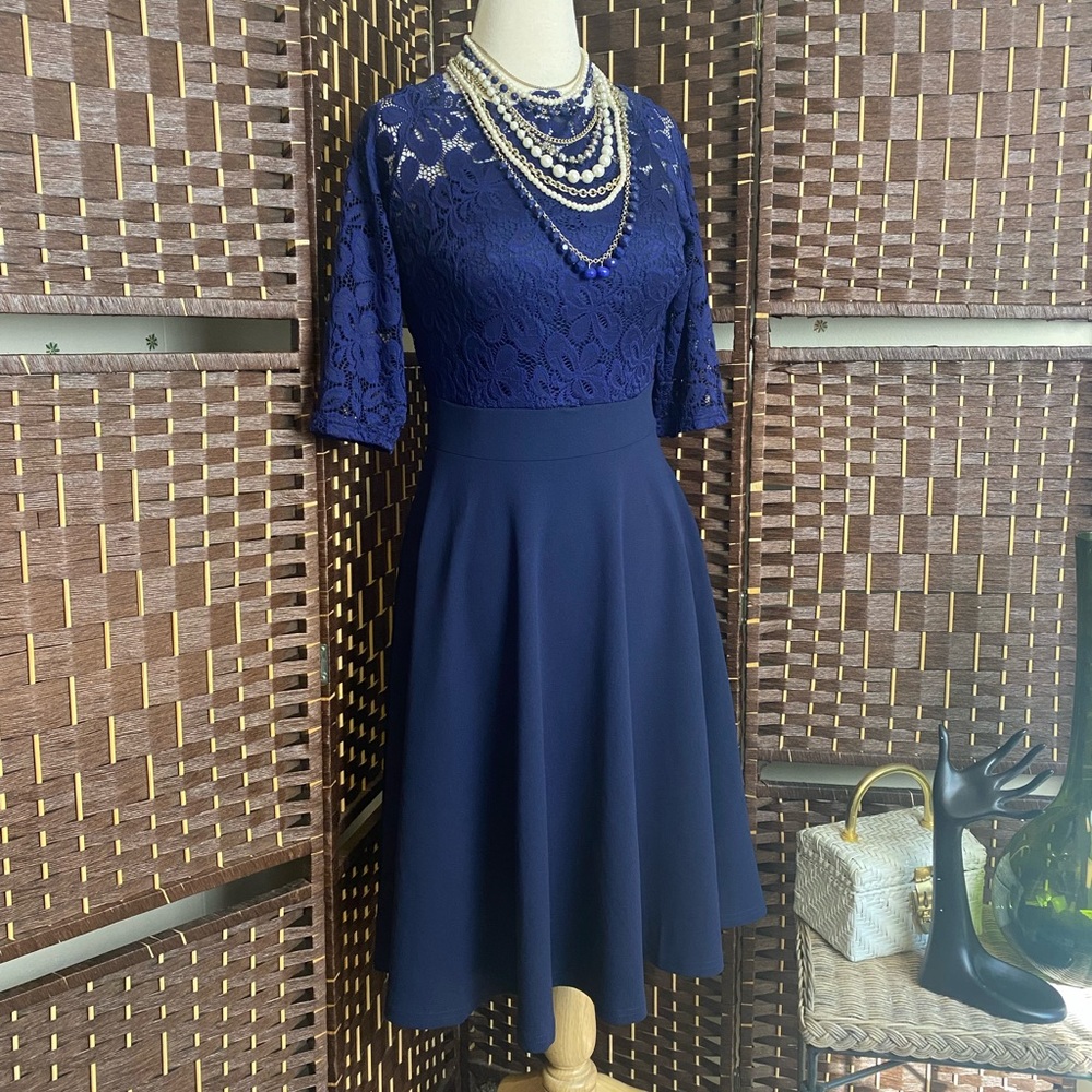 NWT MissMny deep blue floral stretch lace top full circle skirt bottom dress M